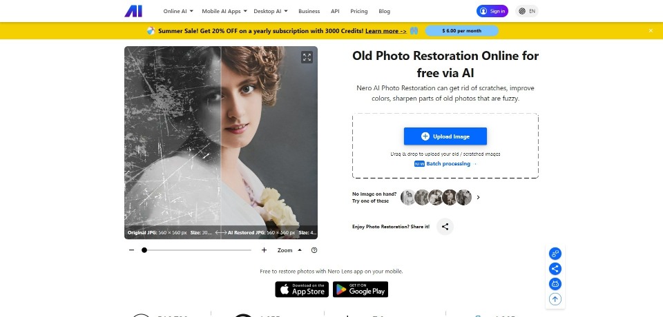 Nero AI Photo Restoration landing page