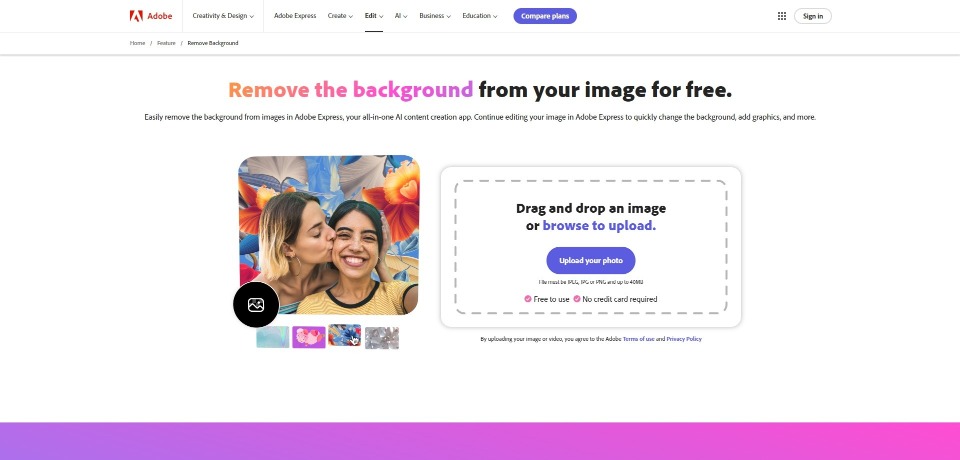 Adobe Remove Background landing page