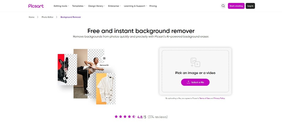 Picsart Background Remover landing page