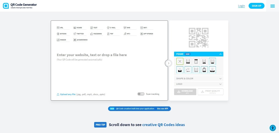 QR Code Generator landing page