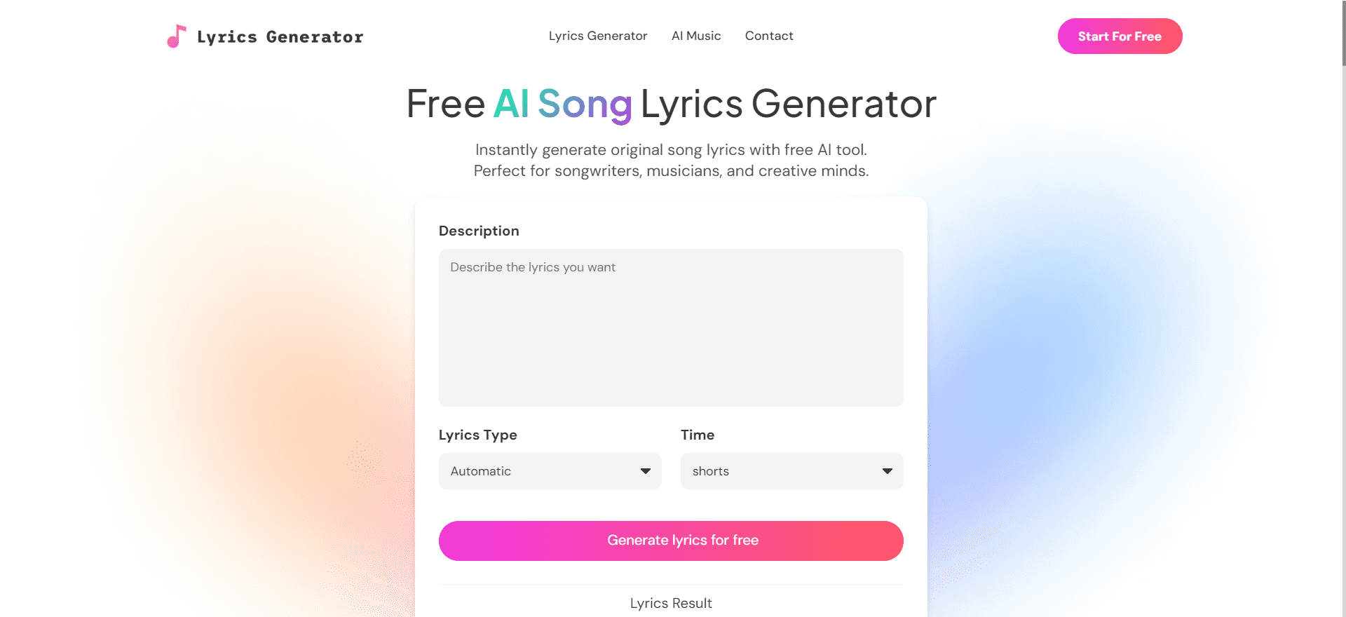 AI Lyrics Generator landing page