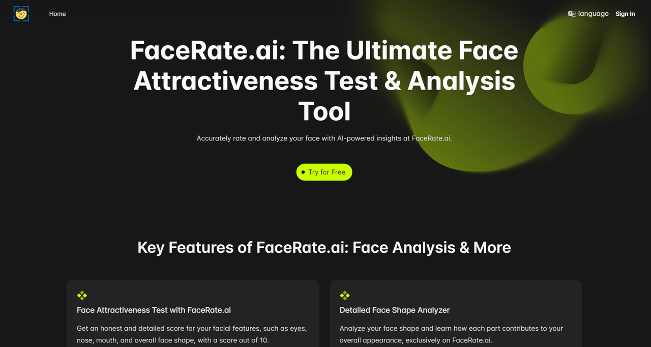 FaceRate.ai: Face Attractiveness Test and Analysis Tool landing page