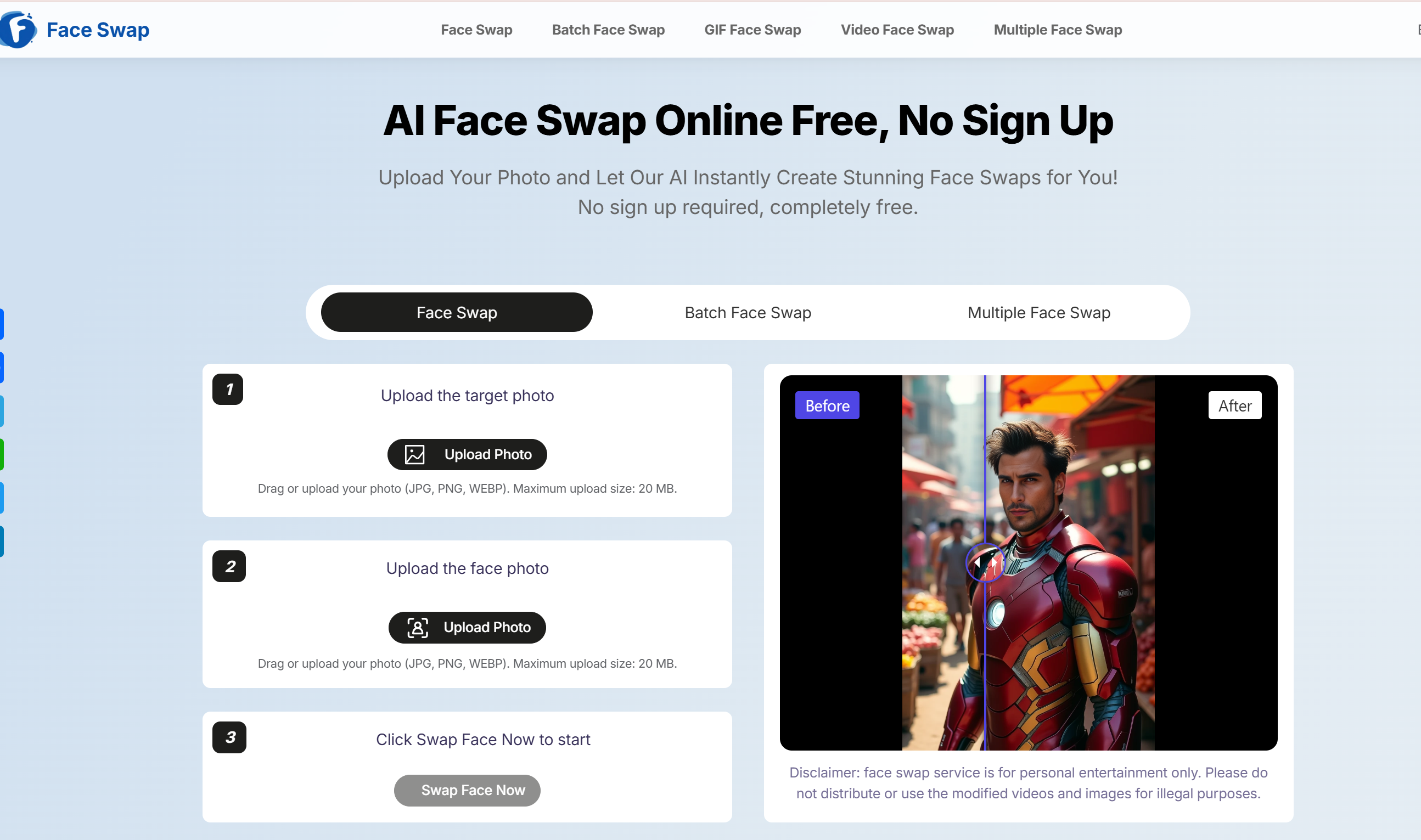 AI Face Swapper landing page