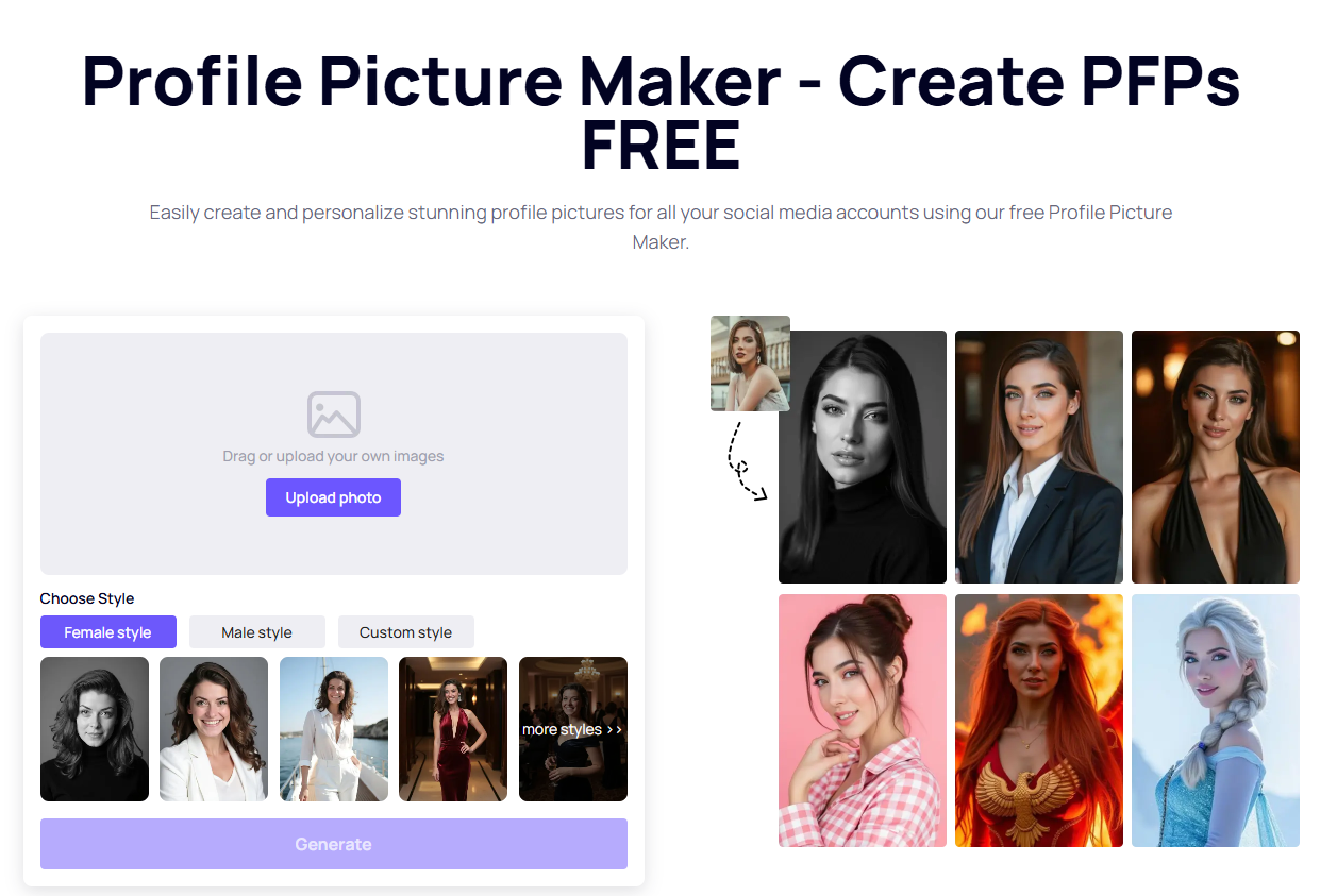 AI Profile Picture Maker landing page